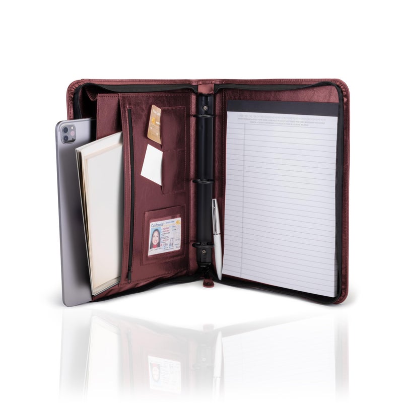 Travigo 3-Ring Zipper Business Leather Portfolio folder| 1.25" 3-Ring Binder Professional Business Folder Resume Document Organizer|Exterior Pocket | Guesseted File Pocket|8-1-2" Writing Pad(Burgundy) - Image 1